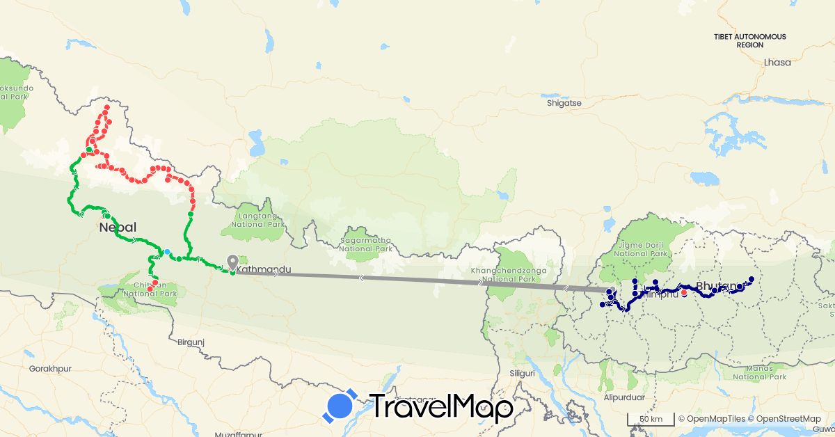 TravelMap itinerary: driving, bus, plane, hiking, boat in Bhutan, Nepal (Asia)